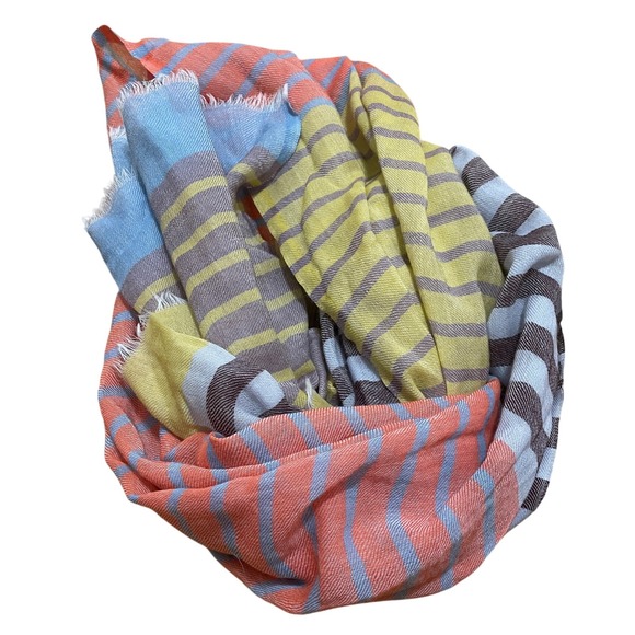 Bindya‎ New York Blue Yellow Orange Brown Wool Scarf Striped Lightweight Soft - Picture 1 of 5